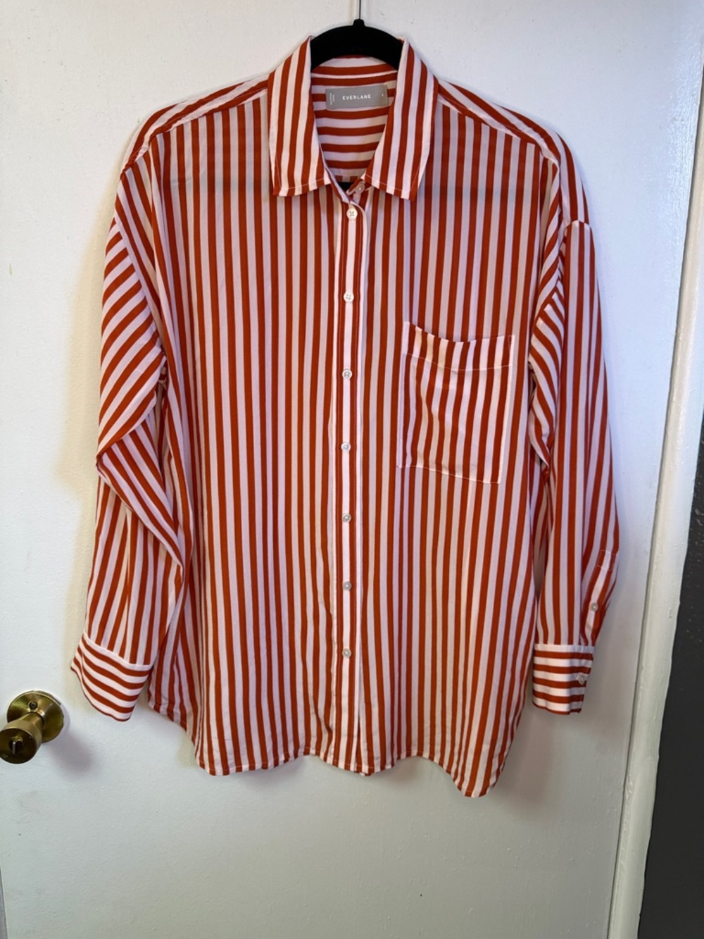 Everlane 100% Silk Red & White Vertical Stripe Button-Down Shirt